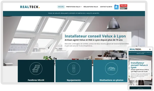 Captures d'écrans du site internet de Realteck, artisan agréé Velux à Lyon (Rhône).